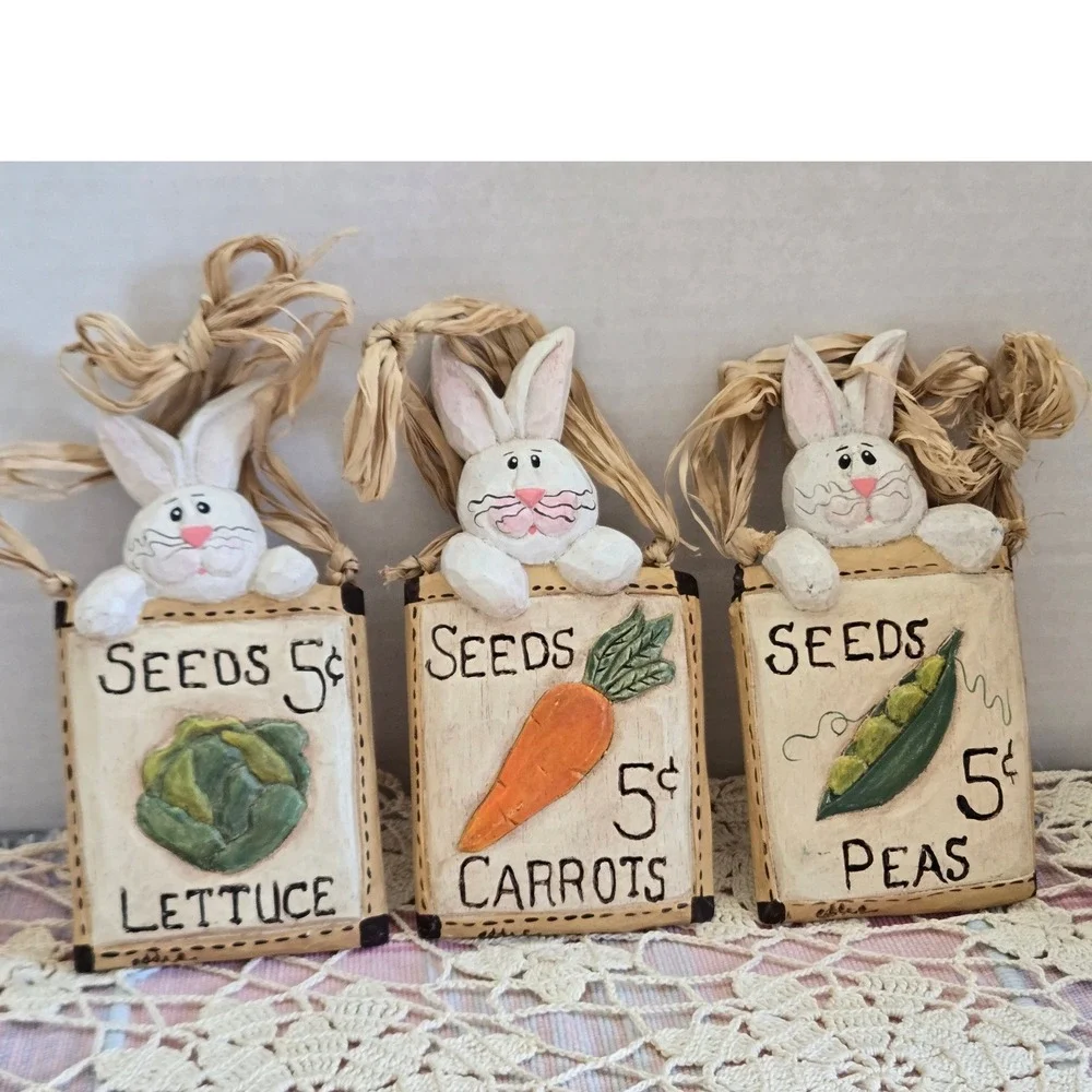 Easter Bunny Seed Packet‎ Ornaments Hanging Set 3 Raffia Bow Resin Rustic